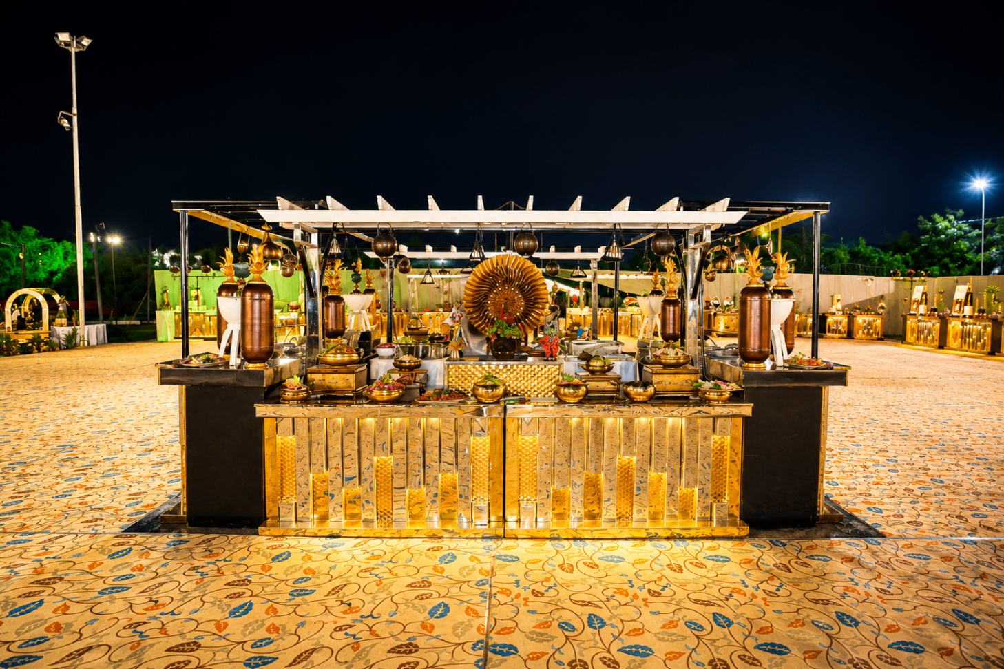 Golden live catering counter at night