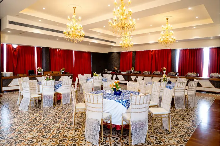 Grand banquet hall with chandeliers and elegant seating