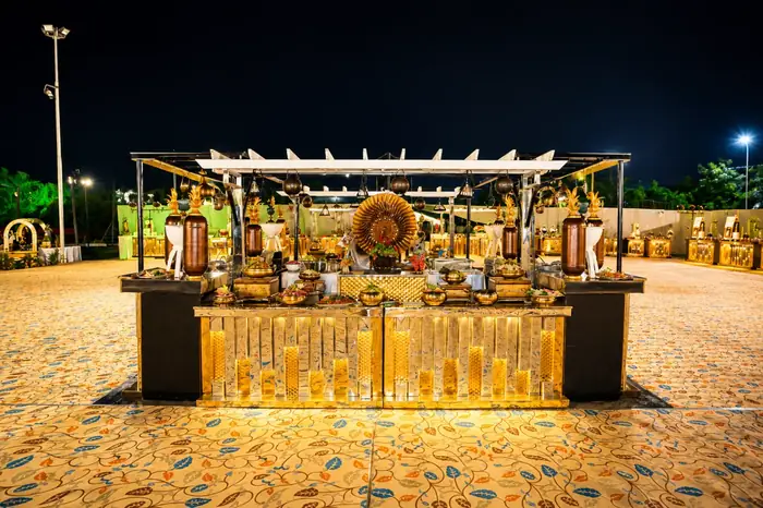 Golden live catering counter at night