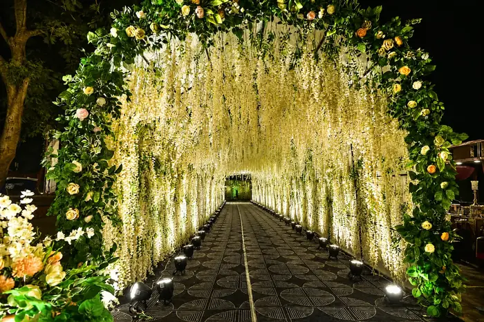 Illuminated floral tunnel walkway at night